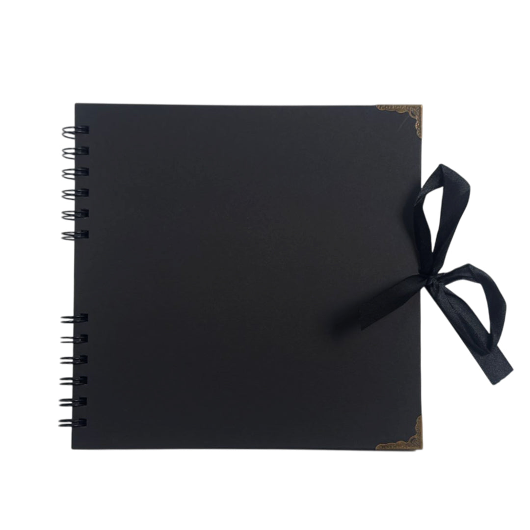 Pack of 2 Spiral Bound 180gsm Black Scrapbooks with Ribbon Closure and Metal Corners - 30 Sheets 20x20cm
