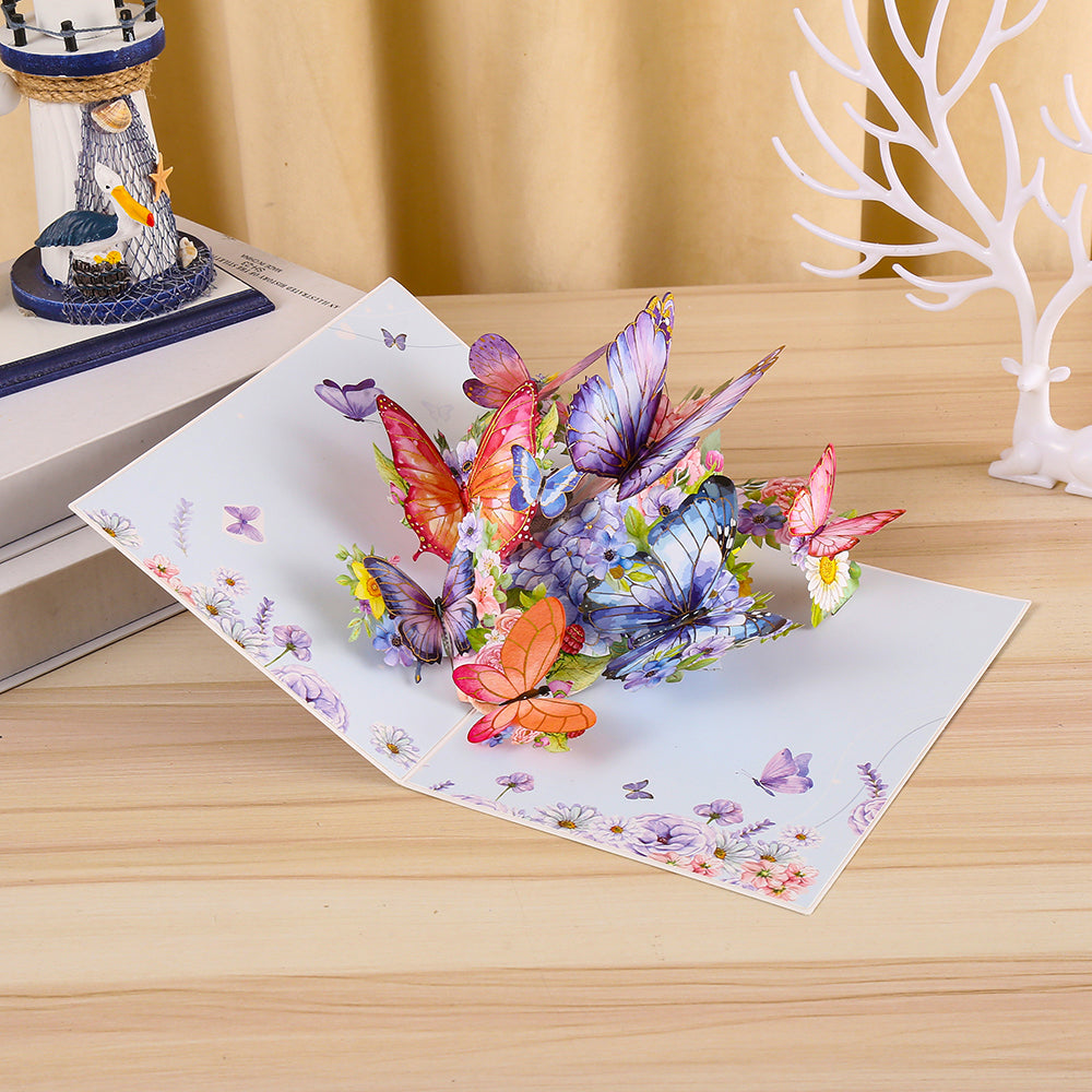 Blue Butterfly and Flowers 3D Pop Up Greeting Card - Birthday Mother Anniversary Valentine's Day