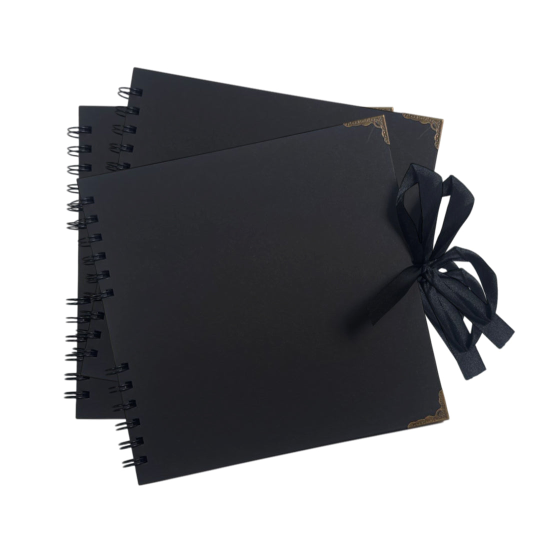 Pack of 2 Spiral Bound 180gsm Black Scrapbooks with Ribbon Closure and Metal Corners - 30 Sheets 20x20cm